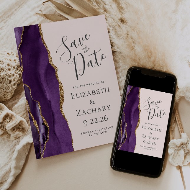 Modern Purple Gold Agate Blush Pink Save the Date (Creator Uploaded)
