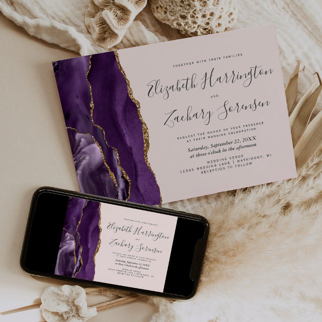 Modern Purple Gold Agate Blush Pink Wedding Invitation (Creator Uploaded)