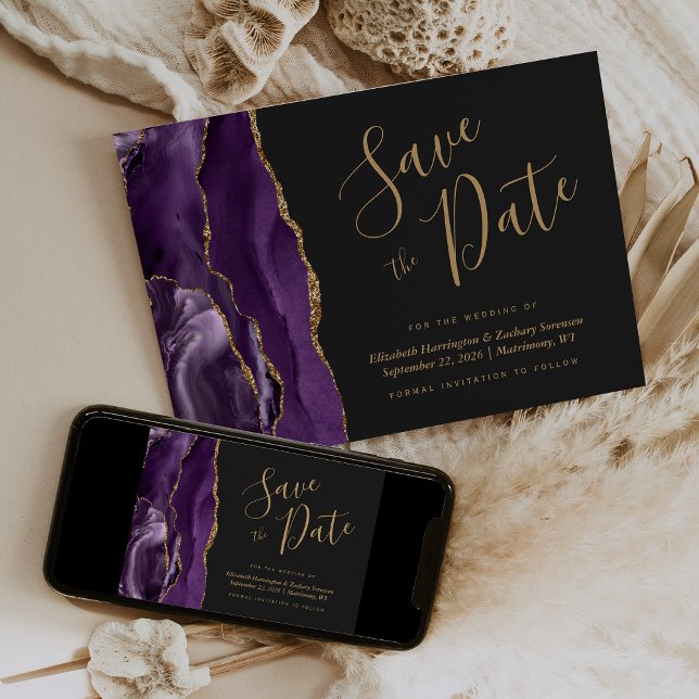 Modern Purple Gold Agate Dark Save the Date Card (Creator Uploaded)
