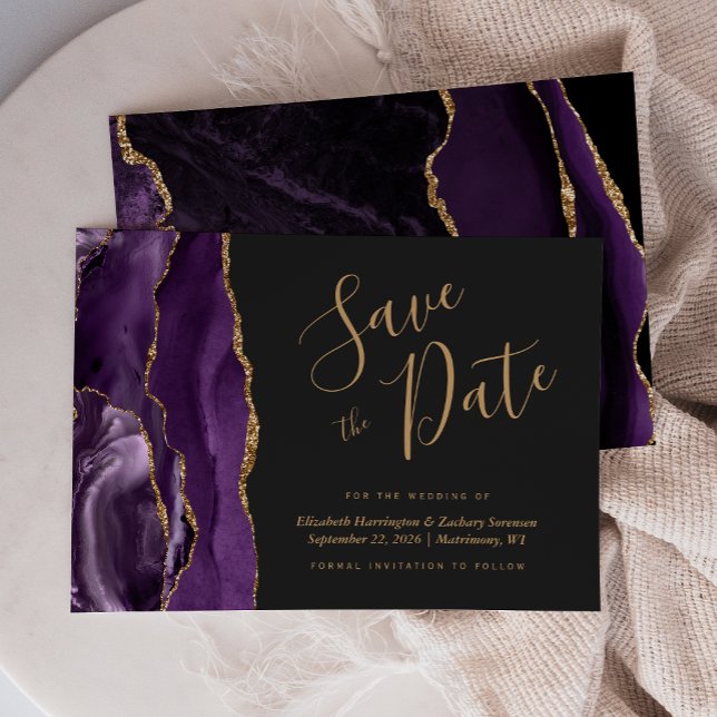 Modern Purple Gold Agate Dark Save the Date Card (Creator Uploaded)