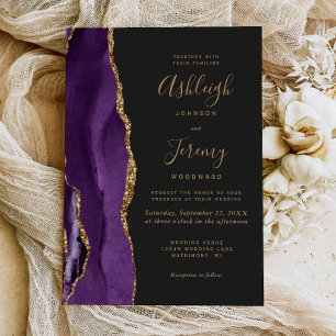 Modern Purple Gold Agate Dark Wedding Invitation