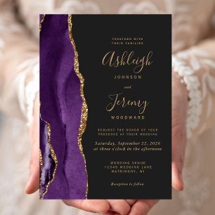 Modern Purple Gold Agate Dark Wedding Invitation