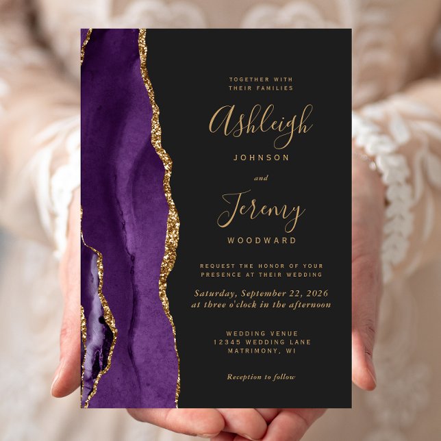 Modern Purple Gold Agate Dark Wedding Invitation (Creator Uploaded)