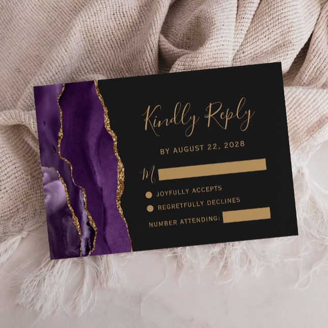 Modern Purple Gold Agate Dark Wedding RSVP Card (Creator Uploaded)