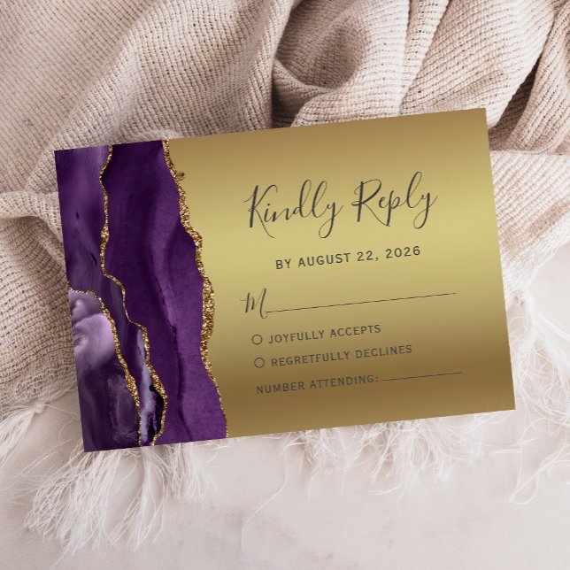 Modern Purple Gold Agate Glam Wedding RSVP Card (Creator Uploaded)