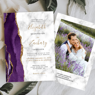 Modern Purple Gold Agate Marble Photo Wedding Invitation