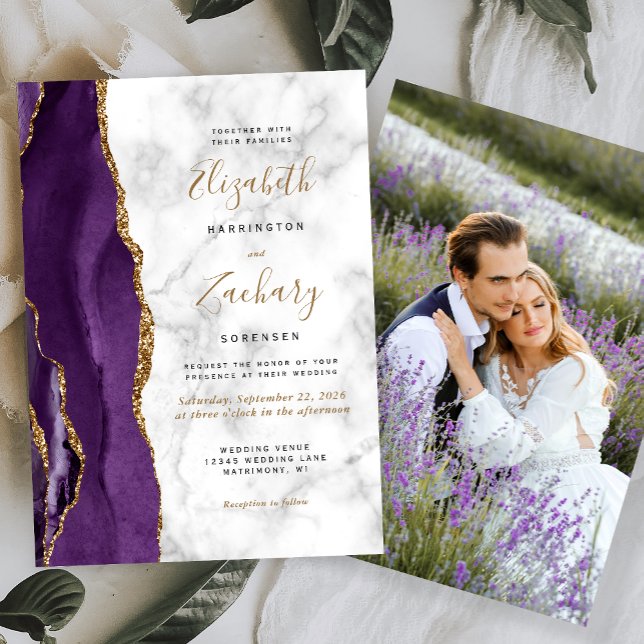 Modern Purple Gold Agate Marble Photo Wedding Invitation (Creator Uploaded)