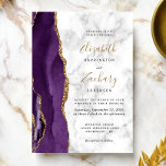 Modern Purple Gold Agate Marble Wedding Invitation<br><div class="desc">The left-hand edge of this elegant modern wedding invitation features a purple watercolor agate border trimmed with faux gold glitter. The customizable text combines gold colored handwriting with black copperplate and italic fonts on a white and gray marble background. The reverse side features a matching purple and gold agate design....</div>