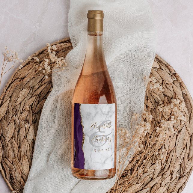Modern Purple Gold Agate Marble Wedding Wine Label (Creator Uploaded)