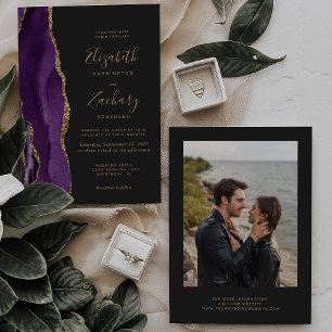 Modern Purple Gold Agate Photo Dark Wedding Invitation