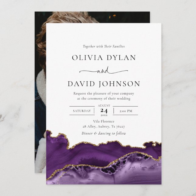 Modern Purple Gold Agate Photo Wedding Invitation (Front/Back)