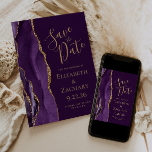 Modern Purple Gold Agate Plum Save the Date
