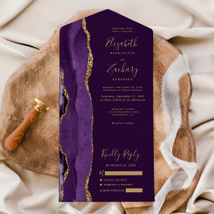 Modern Purple Gold Agate Plum Wedding All In One Invitation