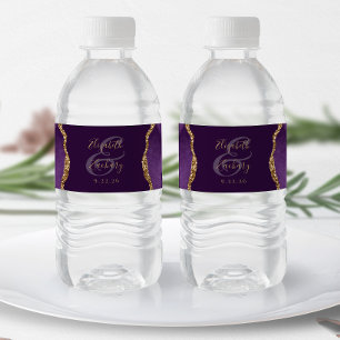 Modern Purple Gold Agate Plum Wedding Water Bottle Label
