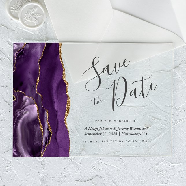 Modern Purple Gold Agate Save the Date Card Acrylic Invitations (Creator Uploaded)