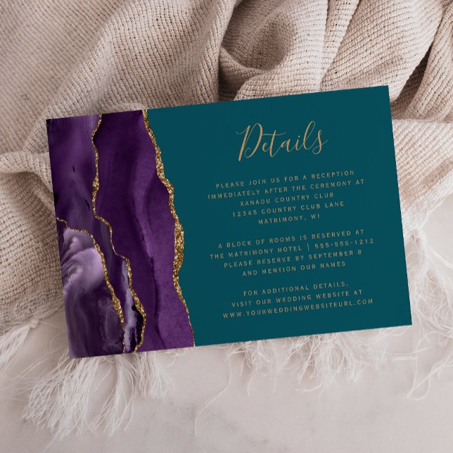 Modern Purple Gold Agate Teal Wedding Details Enclosure Card (Creator Uploaded)