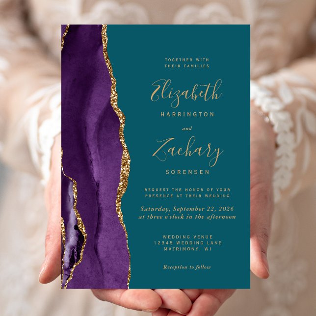 Modern Purple Gold Agate Teal Wedding Invitation (Creator Uploaded)
