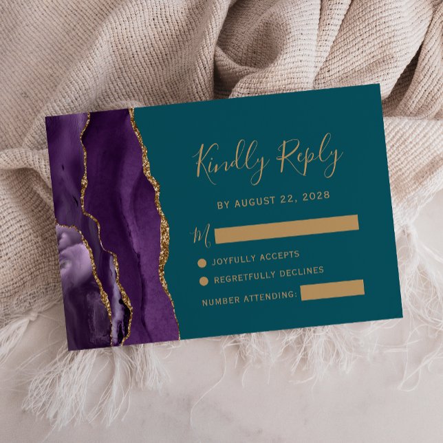 Modern Purple Gold Agate Teal Wedding RSVP Card (Creator Uploaded)