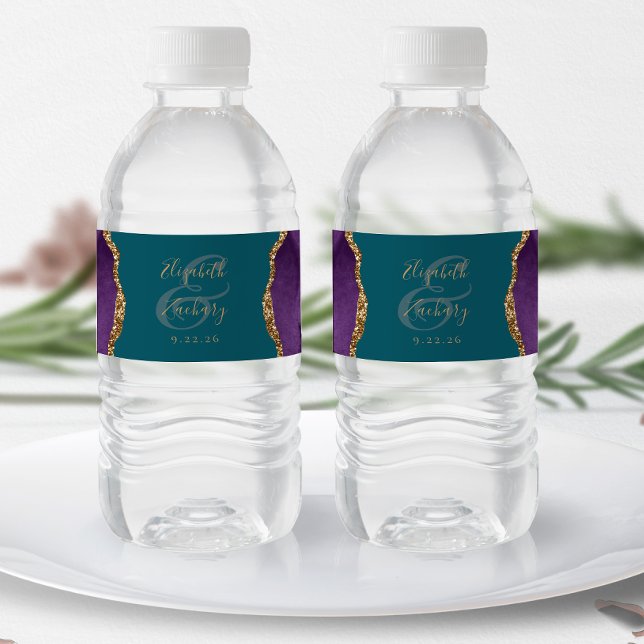 Modern Purple Gold Agate Teal Wedding Water Bottle Label (Creator Uploaded)