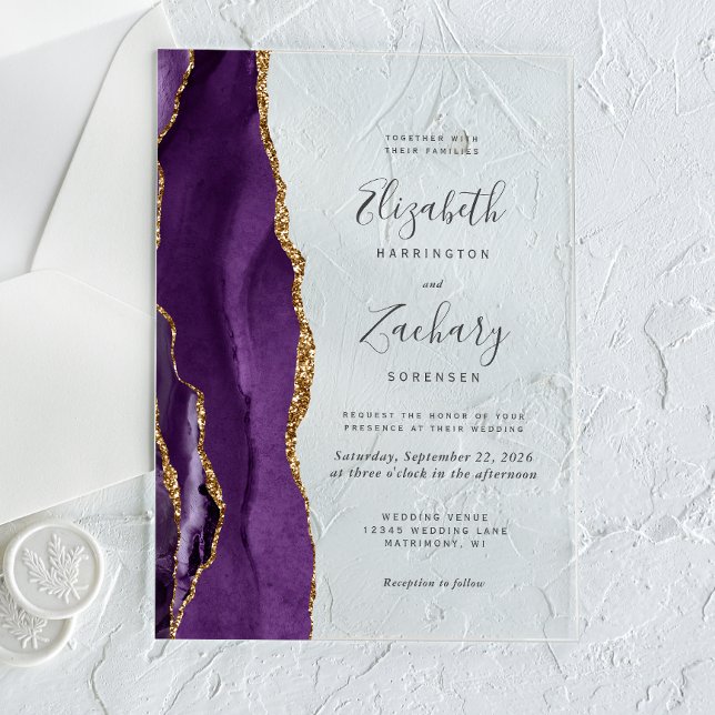 Modern Purple Gold Agate Wedding Acrylic Invitations (Creator Uploaded)