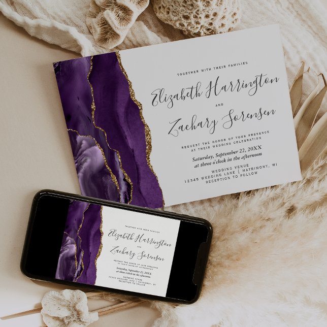 Modern Purple Gold Agate Wedding Invitation (Creator Uploaded)