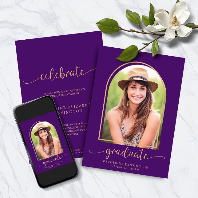 Modern Purple Gold Arch Photo Graduation Invitation (Modern Purple Gold Arch Photo Graduation Invitation Announcement with Instant Download)