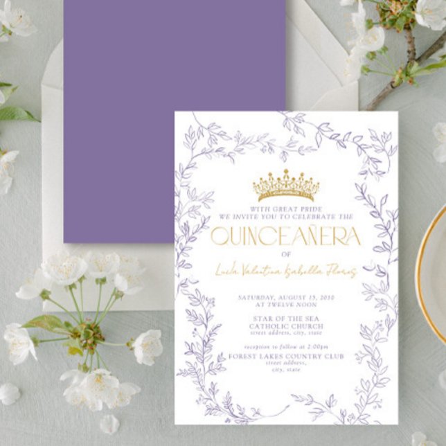 Modern Purple Gold Botanical Floral Quinceañera Invitation (Creator Uploaded)