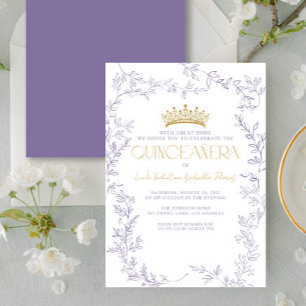 Modern Purple Gold Botanical Floral Quinceañera Invitation