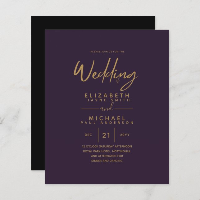 Modern Purple Gold Budget Wedding Invites (Front/Back)