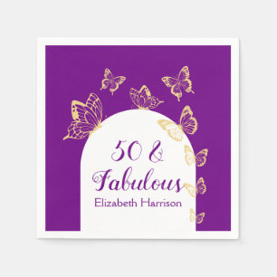 Modern Purple Gold Butterflies Fabulous Birthday Napkin