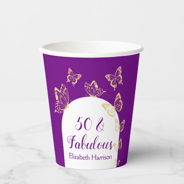 Modern Purple Gold Butterflies Fabulous Birthday Paper Cups (Front)