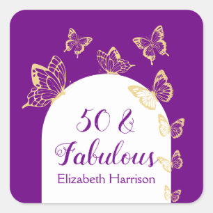Modern Purple Gold Butterflies Fabulous Birthday Square Sticker
