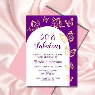 Modern Purple Gold Butterfly Fabulous Birthday Invitation