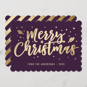 Modern Purple Gold Calligraphy Merry Christmas Holiday Card