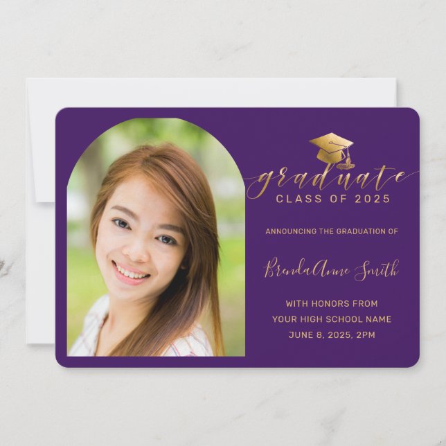 Modern Purple Gold Cap Script Photo Graduation Announcement (Front)