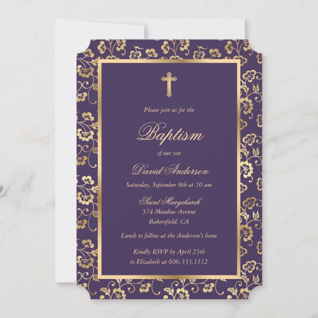 Modern Purple Gold Floral Boy Baptism Invitation (Front)