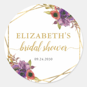 Modern Purple Gold Floral Watercolor Bridal Shower Classic Round Sticker