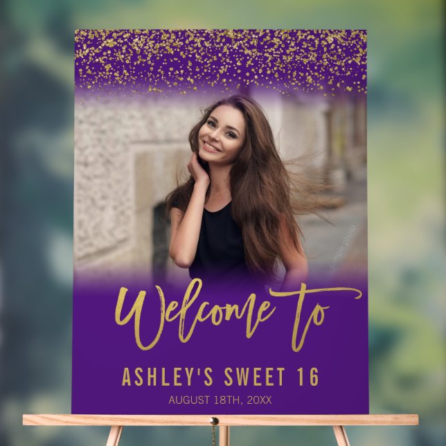 Modern Purple Gold Glitter Sweet 16 Photo Welcome Acrylic Sign (Neutral)