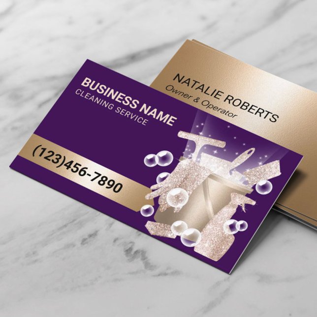 Modern Purple & Gold House Cleaning Service Business Card (Creator Uploaded)