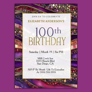 Modern Purple Gold Jewelled Strata 100th Birthday Invitation