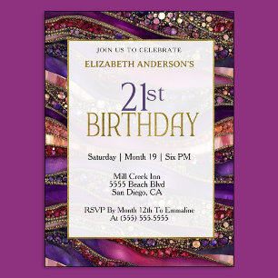 Modern Purple Gold Jewelled Strata 21st Birthday Invitation