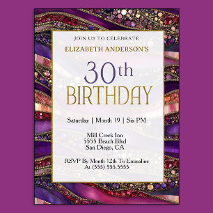 Modern Purple Gold Jewelled Strata 30th Birthday Invitation