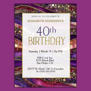 Modern Purple Gold Jewelled Strata 40th Birthday Invitation