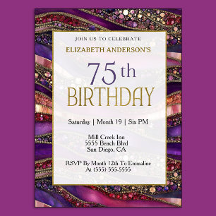 Modern Purple Gold Jewelled Strata 75th Birthday Invitation