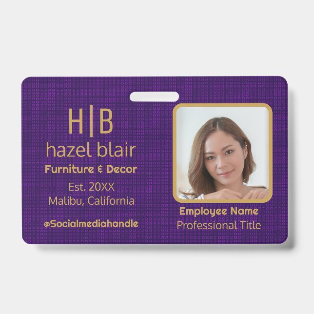 Modern Purple Gold Monogram Mini Squares Pattern ID Badge (Front)