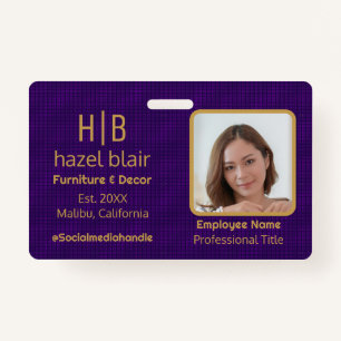 Modern Purple Gold Monogram Mini Squares Pattern ID Badge