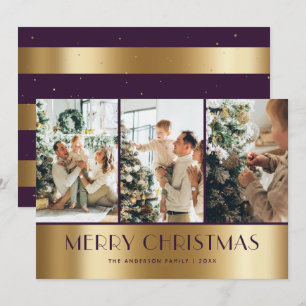 Modern Purple Gold Photo Collage Christmas Cards