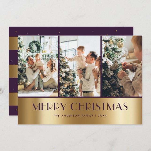 Modern Purple Gold Photo Collage Christmas Cards (Front/Back)