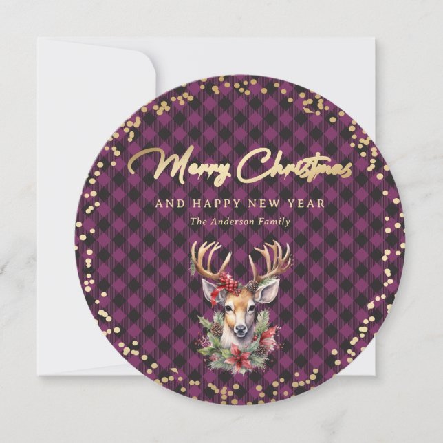 Modern Purple Gold Reindeer Christmas Holiday Card (Front)