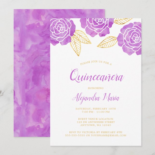 Modern Purple Gold Roses Quinceanera Invitations (Front/Back)